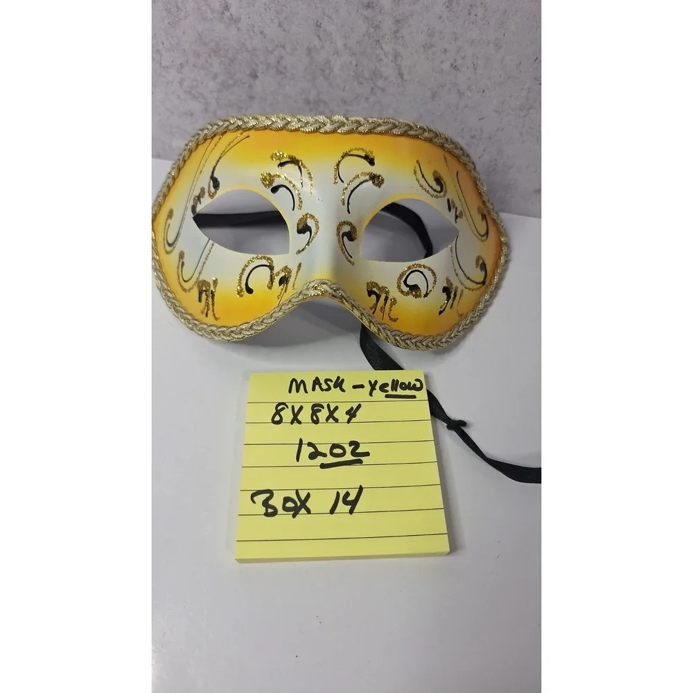 PlasticDecorative VenetianMasquerade Half Mask Yellow withGold Scrollwork Pat
